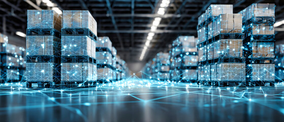 A large logistics center features pallets and boxes organized in rows with blue light lines on the floor and a global network structure in the background