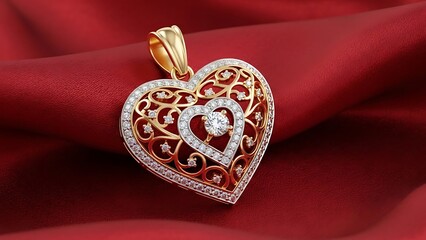 A stunning gold and diamond heart pendant displayed against a rich luxurious red silk backdrop