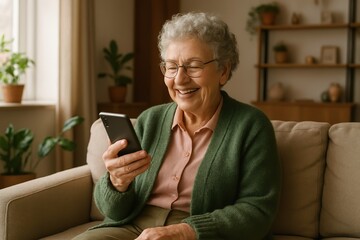 Happy Senior Woman Using Smartphone at Home on Sofa