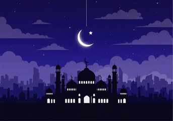 Flat design illustration vector of a mosque silhouette against a city skyline at night with a crescent moon and stars in a purple sky.