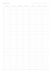 A weekly plan design template in a modern, simple, and minimalist style. Note, scheduler, diary, calendar, planner document template illustration.