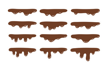 A collection of various dripping chocolate sauce icons. Featuring realistic brown liquids in various shapes. Perfect for dessert menus, bakery branding, and food packaging designs.