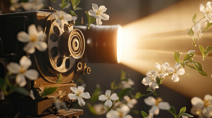 Vintage film projector in the booth, with delicate white jasmine flowers growing from its film reels
