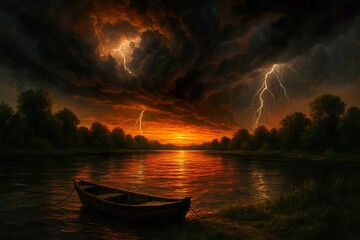 Boat on River During Dramatic Thunderstorm at Sunset