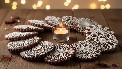 A warm and inviting scene featuring beautifully decorated gingerbread cookies encircling a lit candle