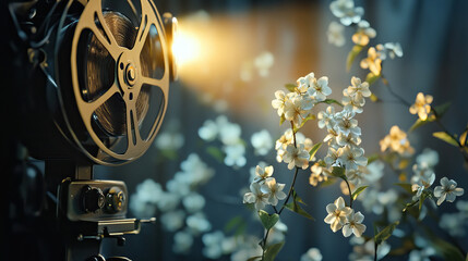 Vintage film projector in the booth, with delicate white jasmine flowers growing from its film reels