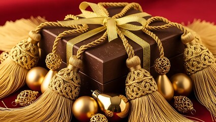 A luxurious dark brown gift box adorned with golden ribbons and tassels surrounded by golden ornaments