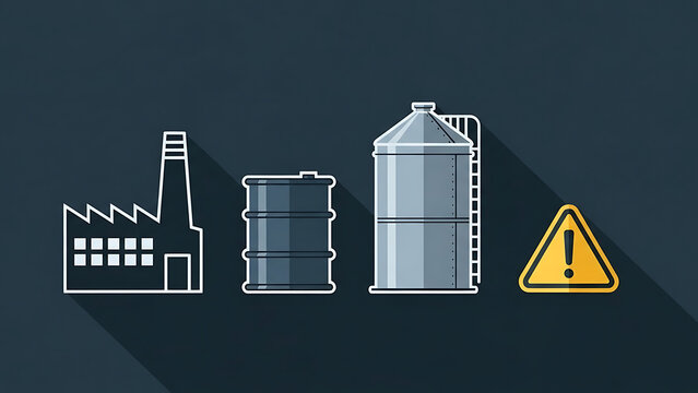 Industrial facility icons with warning sign on dark background
