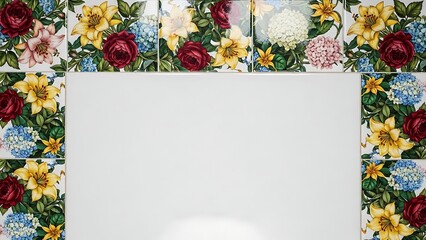 A decorative white surface framed by vibrant floral tile patterns of roses lilies and hydrangeas