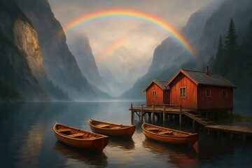 Wooden Cabins and Boats on Calm Mountain Lake with Rainbow