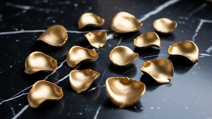 A scattering of delicate golden rose petals gracefully arranged on a dark marble surface