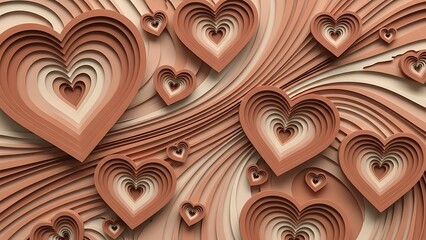 An abstract composition of layered hearts in swirling patterns rendered in shades of brown and beige