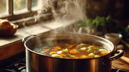 Large pot of vegetable stock simmering in a cozy home kitchen with fresh carrots, onions, and herbs