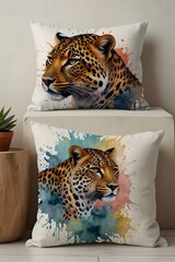 Leopard-themed home decor like cushions wall art, rugs