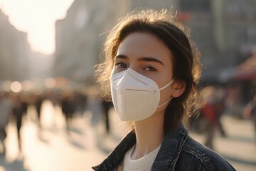 Lifestyle photograph of a masked urban traveler, emphasizing respiratory protection and awareness