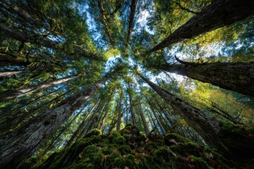 Low-angle forest photograph capturing the canopy and sunlit trunks from below