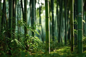 Fototapeta premium Lush green bamboo forest background with soft sunlight and tranquil atmosphere