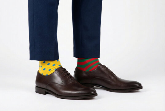 Person wearing mismatched colorful socks with formal shoes - Powered by Adobe