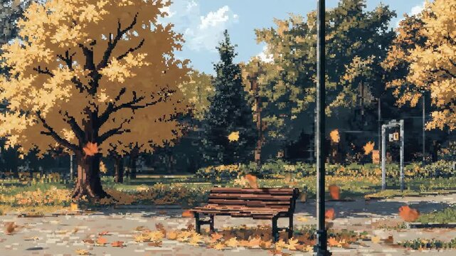 Vibrant autumn park landscape displaying a beautiful pixelated tree dropping golden yellow leaves around an empty wooden bench, tranquil square block nature scene.