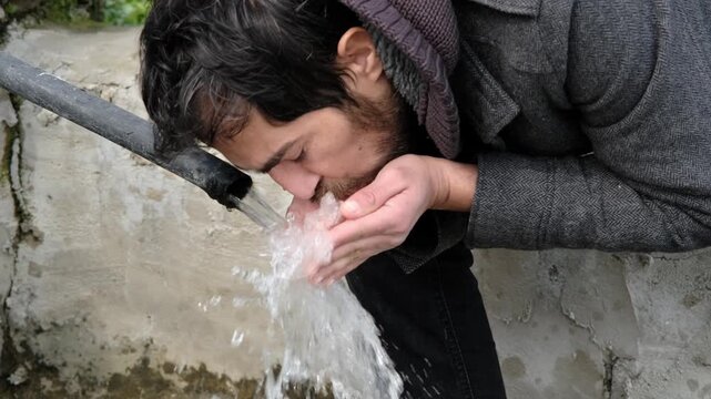Young bearded man cupping hands to drink cool, pure water flowing from a natural spring pipe, quenching thirst outdoors in a serene, healthy rural environment