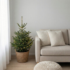 portrait of a cream colored sofa set with a small Christmas tree on the edge