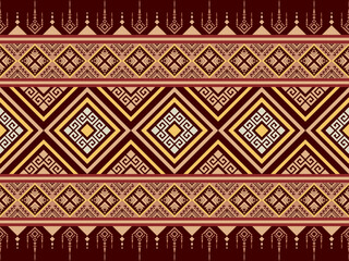 Southeast Asian ethnic fabric pattern with traditional thai tribal ornament, seamless geometric diamond embroidery in maroon, gold, and cream colors for fashion textile and elegant home decor.