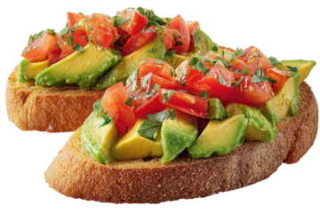 Avocado toast with diced tomato and herbs on crusty bread, isolated on black background. Fresh vegan breakfast or appetizer, rustic Mediterranean style