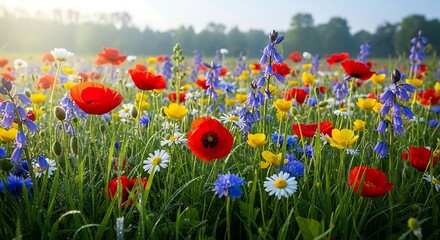 Vibrant colorful wildflowers in a field.