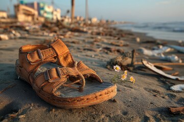 single sandal washed ashore on debris covered beach