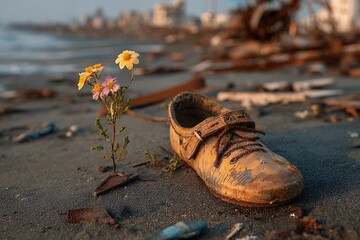 a childs sandal lies on a debris strewn beach