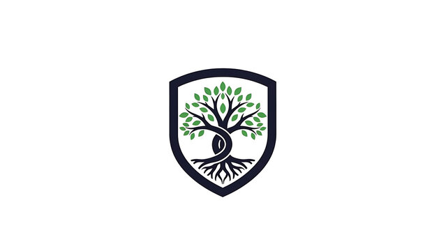 A shield logo featuring a stylized tree with green leaves and roots