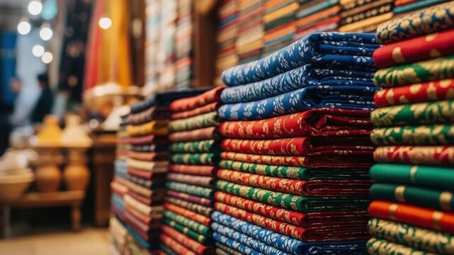 Textile Treasures: A vibrant display of colorful textiles, meticulously stacked, showcasing the rich textures and intricate patterns of traditional fabrics in a bustling market setting.