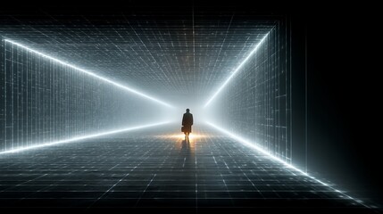 person standing in a futuristic server room corridor