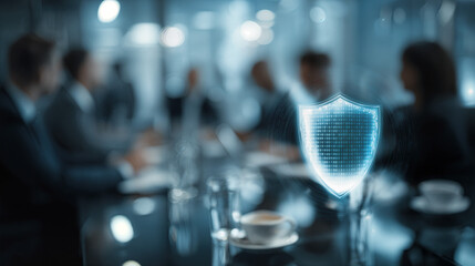 Business Team Collaborating with Digital Security Shield in Conference Room, Inspired Focus in Blue Tones