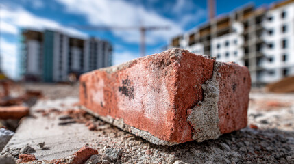 Weathered red brick with mortar lying on construction debris with blurred high-rise buildings and cranes in the background on a clear day