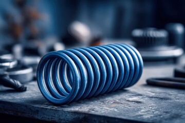Macro shot of a blue steel coil spring in an industrial workshop