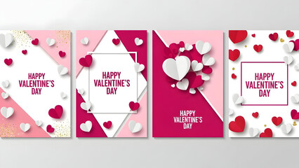 Collection of valentines day cards with hearts and love messages on pink and red backgrounds with white accents and various typography styles and designs
