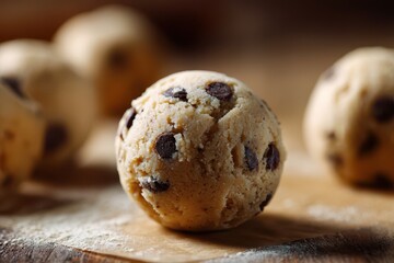 Obraz premium Macro portrait of a single cookie dough ball with chips on baking paper