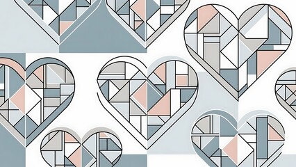 Geometric pattern featuring overlapping hearts and triangles in shades of blue gray and pink