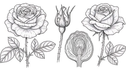 Detailed botanical illustration of roses in various stages of bloom showcasing their delicate features