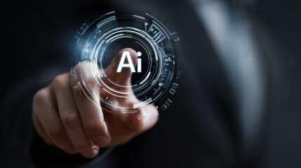 Businessman Interacting with Futuristic AI Hologram, Symbolizing Digital Marketing Innovation in Dynamic Double Exposure