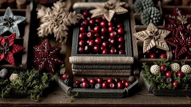 Handmade Christmas ornaments on a craft market stall. Slow camera move across natural materials, recycled packaging, and warm lights. Perfect for eco-friendly holiday shopping and gifts.