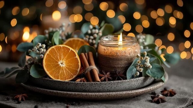 Eco handmade Christmas centerpiece made from natural materials. Slow orbit shot circles a candle with dried orange slices, cinnamon sticks and pine greenery on a rustic table. Clean for branding.