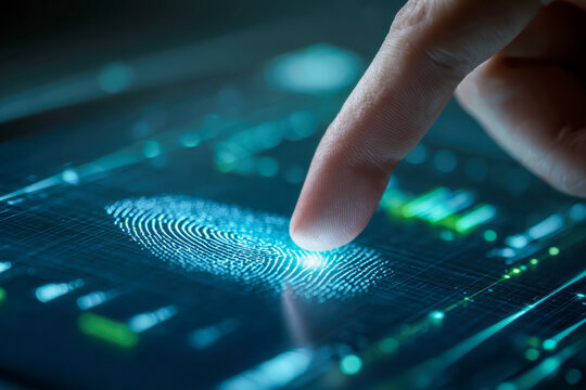 Finger scanning a digital fingerprint on futuristic biometric touchscreen interface illustrating high-tech security access and identity verification system in use - Powered by Adobe
