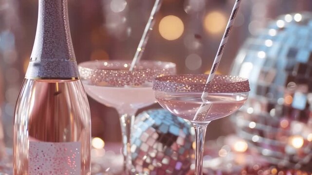 Sugar-rim pink cocktail in a coupe glass beside a sparkling bottle on holographic foil. Disco bokeh and neon glow evoke 2000s glam. Perfect for cocktail branding and party ads.