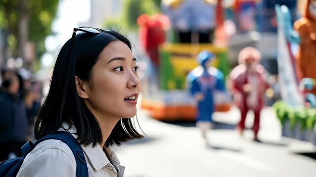 A young Asian woman in her twenties gazes in awe at a vibrant parade featuring colorful floats and characters, capturing the joy of cultural celebration in a lively urban setting.