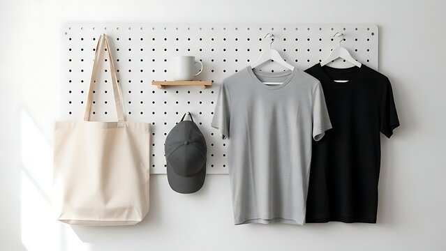Minimalist Wardrobe Display with T-shirts and Accessories on Pegboard.