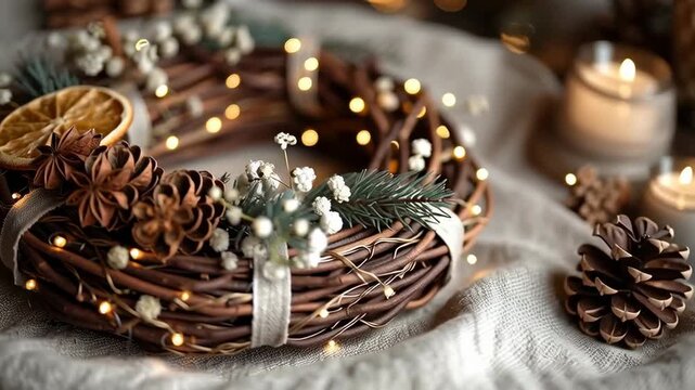 Eco handmade Christmas gift wrapping made from natural materials. Slow orbit shot shows kraft paper packages, twine bows and dried orange slice tags on a bright tabletop. Great for ads.