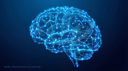 A medical 3D illustration of a human brain scan and skull x-ray representing neurology, anatomy, and cognitive science through an abstract blue concept of the mind and intelligence