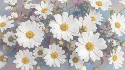A beautiful floral pattern of white daisies with yellow centers on a soft pastel background